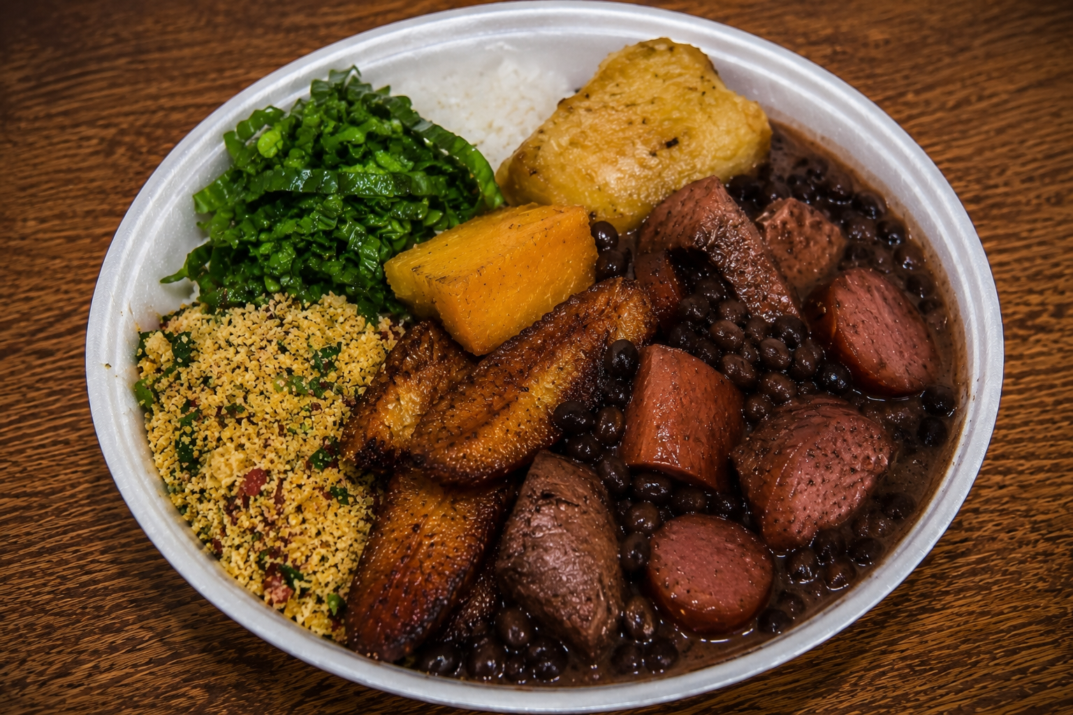 Marmita de feijoada com arroz, couve, farofa e laranja