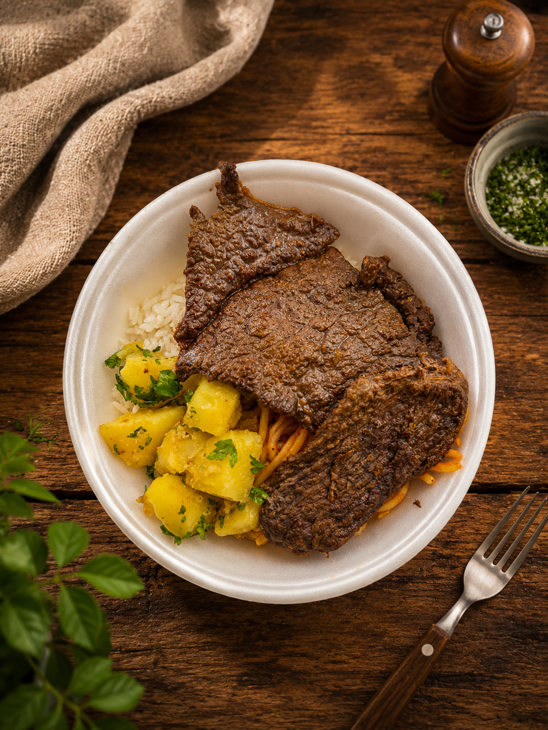 Marmita de bife acebolado com arroz, feijão e acompanhamentos