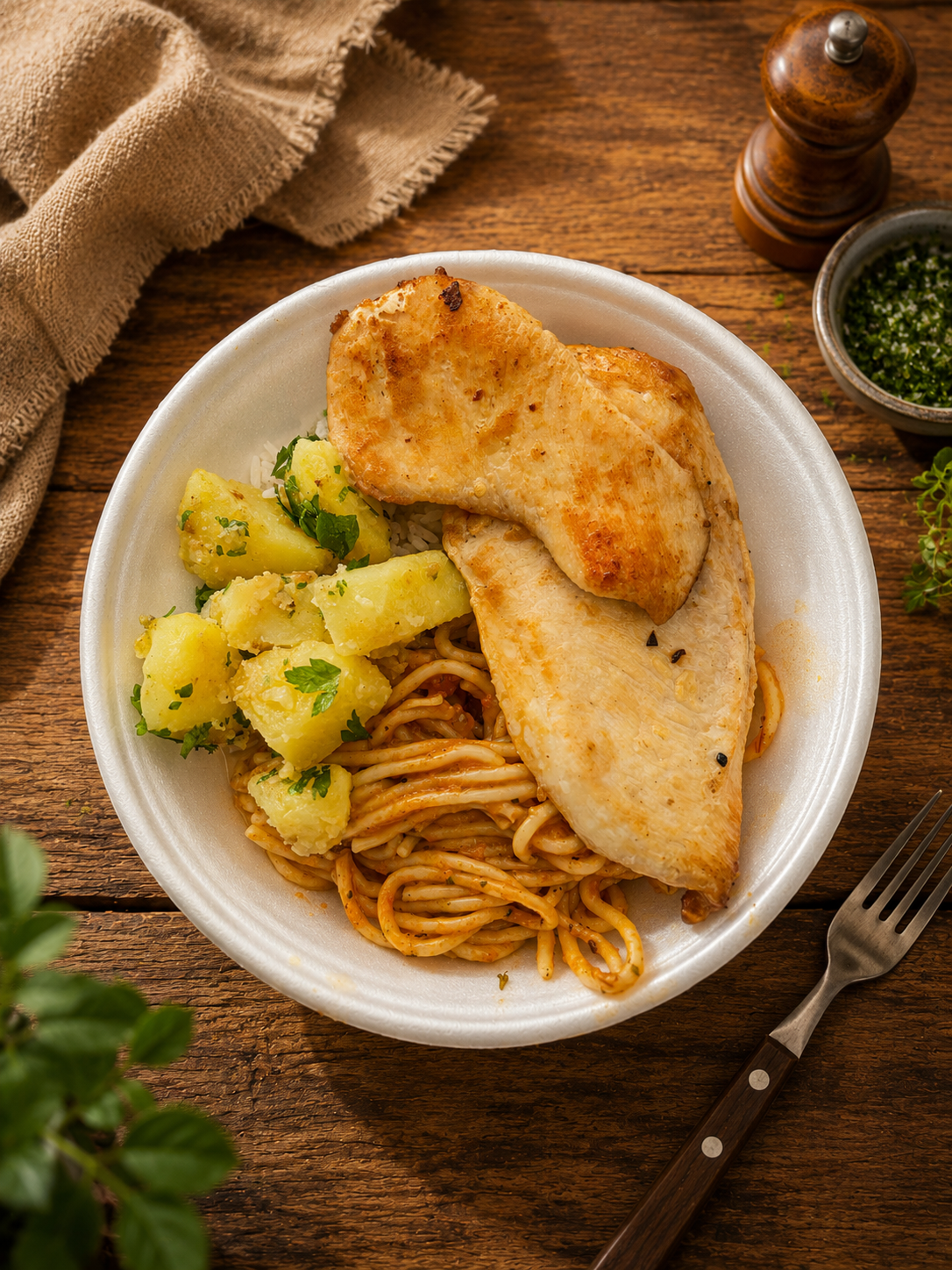 Marmita de filé de frango grelhado com arroz, feijão e salada